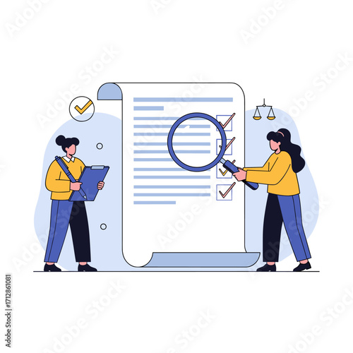 Two people reviewing a large document with a magnifying glass.