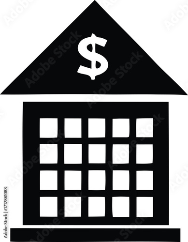 Simple black and white icon symbolizing a bank with a dollar sign on its roof and window grid for financial concepts
