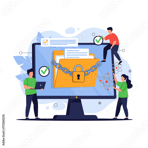 Computer screen displaying a locked folder with people working on data security.