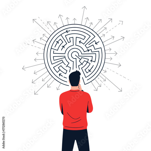Man contemplating a circular maze with arrows pointing outwards representing choices and decisions.