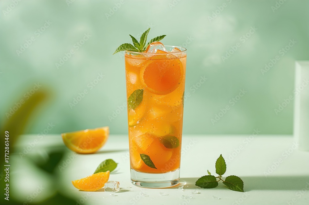 Fototapeta premium Tall glass filled with a revitalizing nutritious beverage against a soft green backdrop