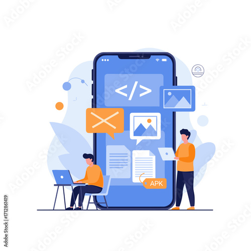 Mobile App Development and Coding Process Illustration.