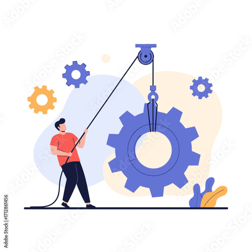 Man Pulling Rope Lifting Large Gear with Pulley System.