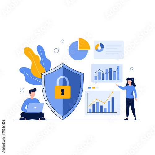 Cybersecurity and Data Protection Concept with Shield and Charts.