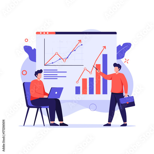 Business meeting with financial graph analysis and data presentation.