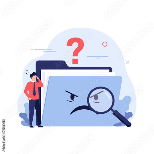 Confused Man Searching for Lost Files in Folder with Magnifying Glass.