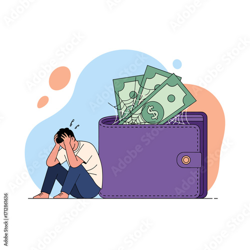 Man Sitting Next to Wallet Full of Money Looking Stressed.