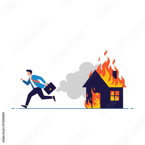 Man running away from burning house with briefcase.