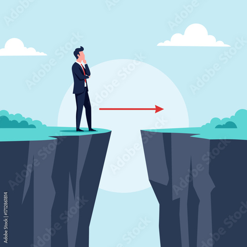 Businessman contemplating a leap across a chasm with an arrow indicating direction.