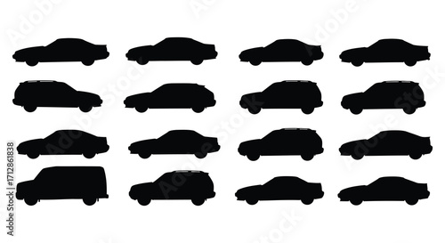Various automotive vehicle forms displayed as a striking black silhouette