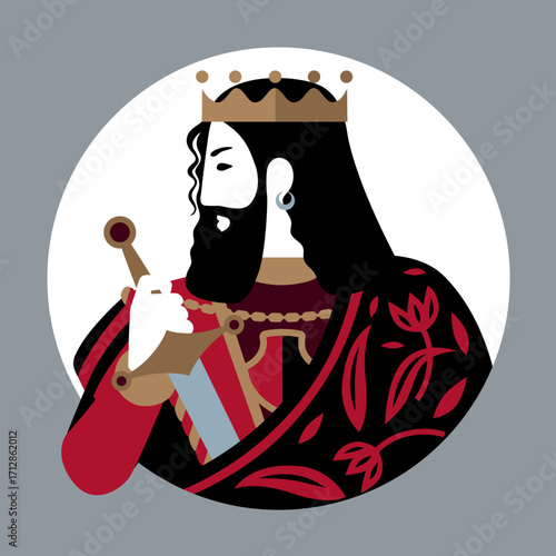 Portrait of the king of playing cards character with a sword in his hand in a white round frame. Original vintage design in minimalistic flat style. Vector illustration