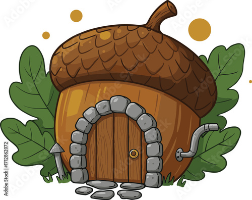 Cartoon acorn house illustration, fantasy wooden hut with stone door, leaf background, fairy tale home design, cute small cottage art