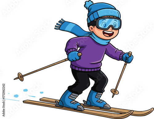 Cartoon boy skiing, winter sports activity, wearing blue hat, scarf, goggles, ski gear, illustration for holiday, adventure, snow, fun