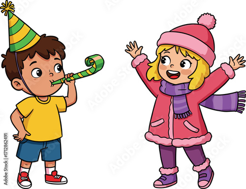 Cartoon children celebrating festive holiday, happy boy with party hat and blower, excited girl in winter clothes, joyful illustration art