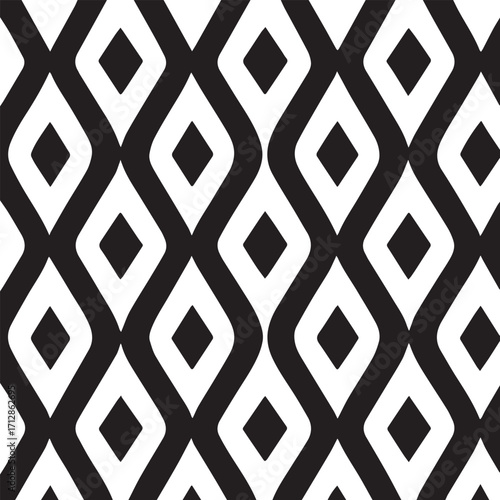 Abstract geometric seamless pattern featuring a repeating wavy diamond motif in bold black and white contrast
