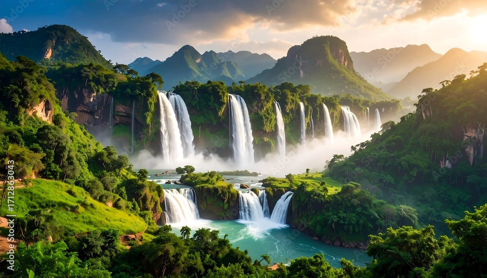 Naklejka premium Lush waterfalls cascading through verdant valleys