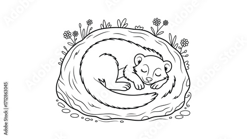 Cute Sleeping Mongoose Coloring Page: Relaxing Animal, Peaceful Slumber, Black and White Illustration for Kids and Adults, Mindfulness Activity, Creative Art Therapy