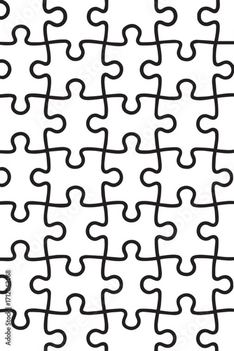 Seamless pattern of interlocking jigsaw puzzle pieces creating a repeating geometric background with a clean white surface and black outlines
