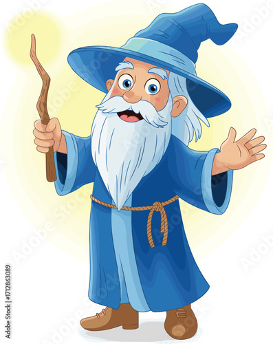 Cartoon wizard character illustration, old magician with staff, fantasy sorcerer artwork, magical bearded man in blue robe, fairy tale drawing