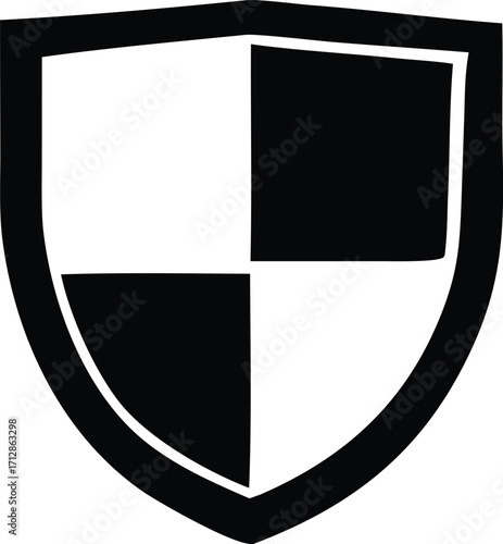 Bold heraldic shield emblem featuring a quarterly division of solid black and white squares symbolizing strength security and protection for various applications
