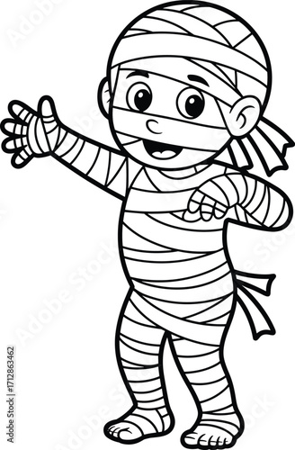 Cute cartoon mummy coloring page, Halloween character line art, spooky kids drawing, black and white illustration, fun activity design
