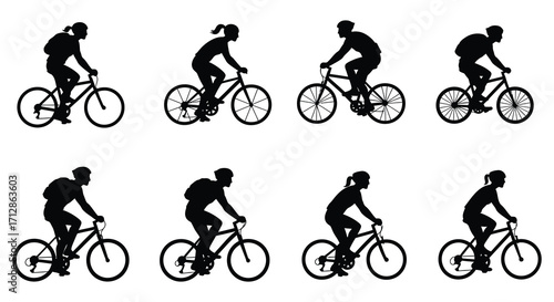 People riding bicycles in various poses a classic black silhouette