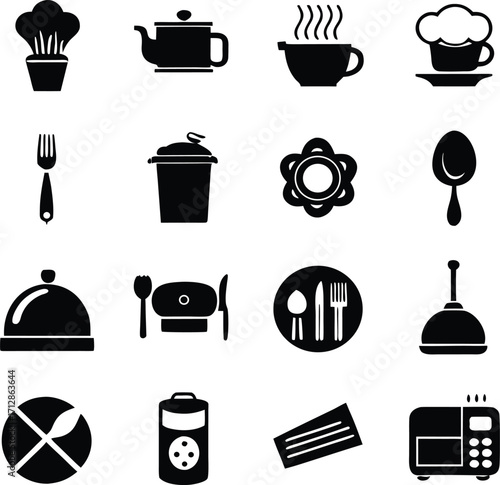 Collection of 16 kitchen and dining icons representing culinary tools and food preparation items for restaurant or home cooking