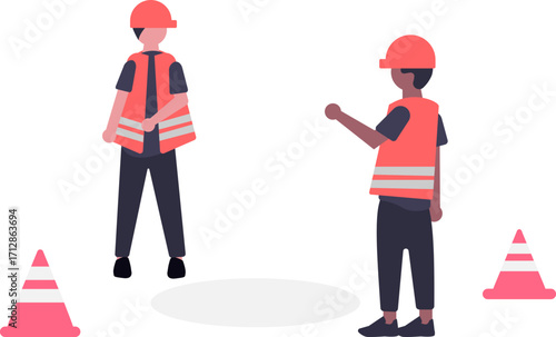 Two construction workers in orange vests and hard hats stand near traffic cones.