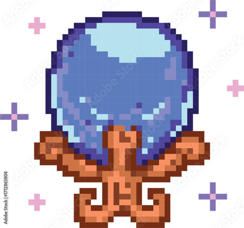 Pixelated Crystal Ball on Ornate Stand with Sparkling Accents