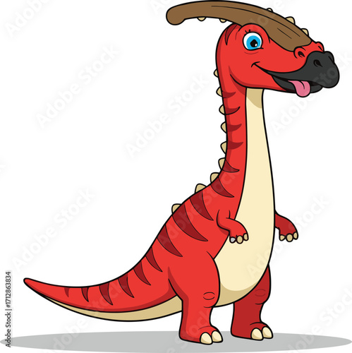 Cute red dinosaur cartoon, smiling parasaurolophus character, prehistoric reptile illustration, funny jurassic animal drawing, kids dinosaur artwork, ancient creature design