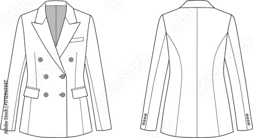 Double breasted blazer fashion flat sketch, formal jacket technical drawing, stylish coat template, apparel clothing design illustration, vector outline front back