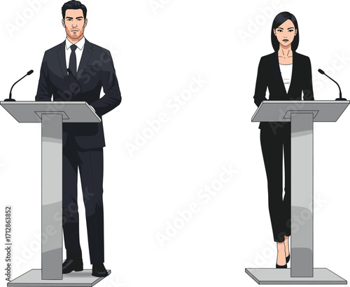 Professional debate scene, man and woman at podiums, public speaking event, press conference, leadership discussion, political presentation, formal communication illustration
