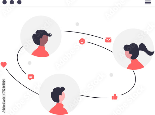 Illustration of three people connected by a network of communication icons.