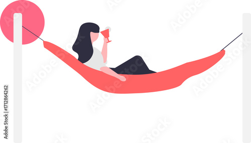 Woman relaxing in a hammock with a drink.