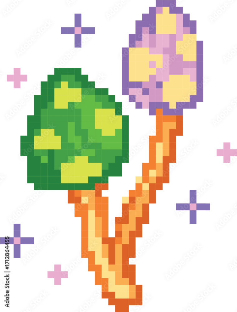 Fototapeta premium Pixelated Mushrooms with Green and Purple Caps, Orange Stems, and Crosses