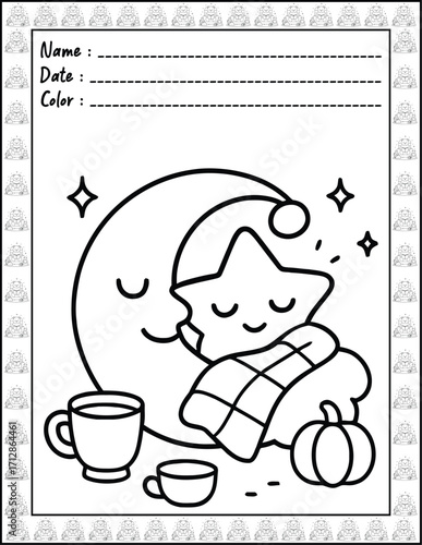 Bold and Easy Spooky Hygge Coloring Book for Adults and Kid. High resolution (300 DPI), Ready to print on standard 8.5x11-(A4) inch paper With (No Bleed), Black and White. Vector illustration