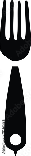 Simple black silhouette of a fork with four tines and a handle featuring a hole