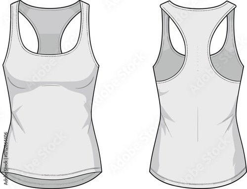 Women's racerback tank top flat sketch, front and back view, fashion template for apparel design, sleeveless athletic shirt mockup