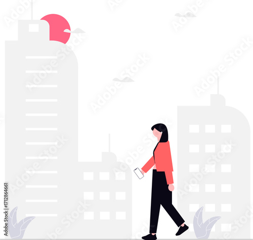 Illustration of a woman walking in a city with tall buildings.