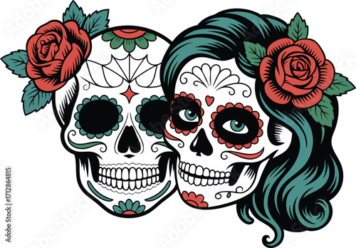 skull with flowers on it's tow head and a background with a black background and a white skull with flowers on it's head.capturing the essence of Día de los Muertos and Halloween. 04