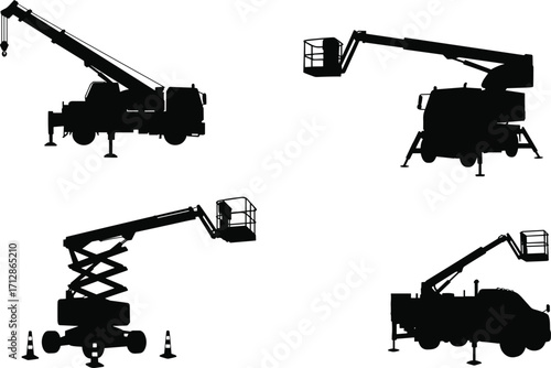 Construction and utility vehicle silhouettes, lifting equipment icons, black and white illustration, maintenance tools, elevation systems, industrial access design