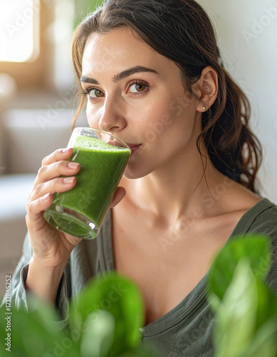 Young woman drinking smoothie in cozy living room, healthy lifestyle