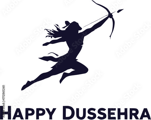 Silhouette of archer aiming bow and arrow with happy dussehra text against a white background