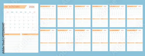 2026 year calendar vertical pages template. Week starts on Sunday