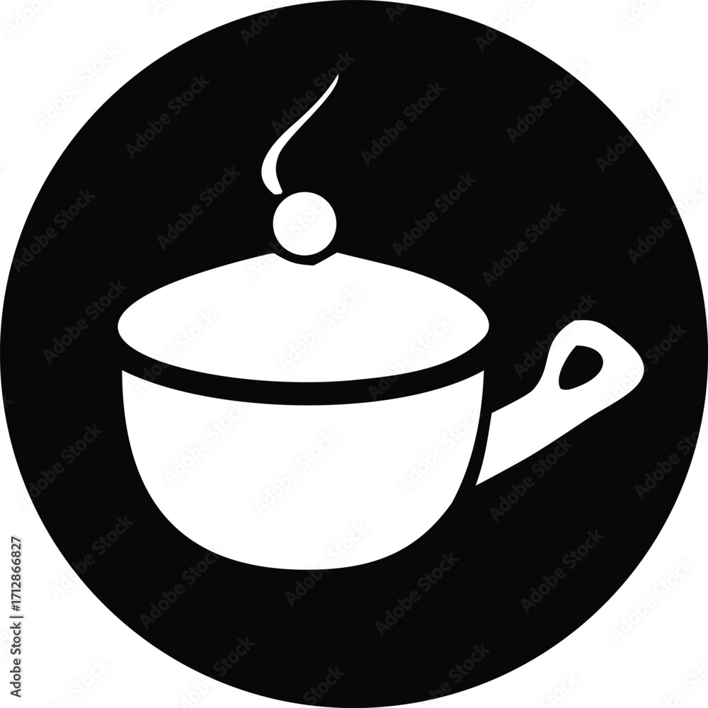 Obraz premium Simple white coffee cup with steam in a black circle icon symbol representing beverage and warmth