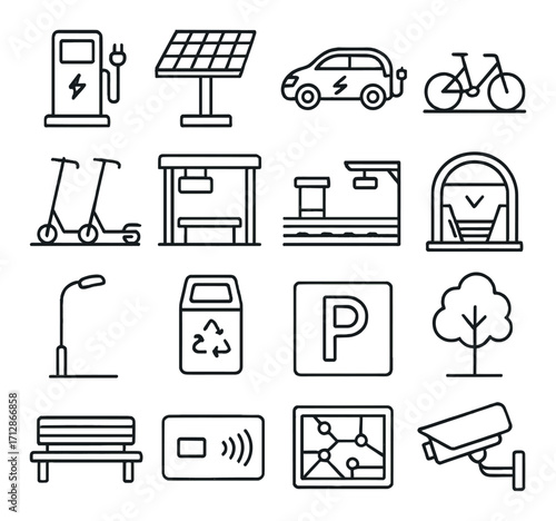 Sustainable urban transport and amenities icons highlighting eco-friendly solutions