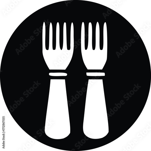 Simple icon of two white forks facing each other inside a black circle symbolizing dining or cuisine