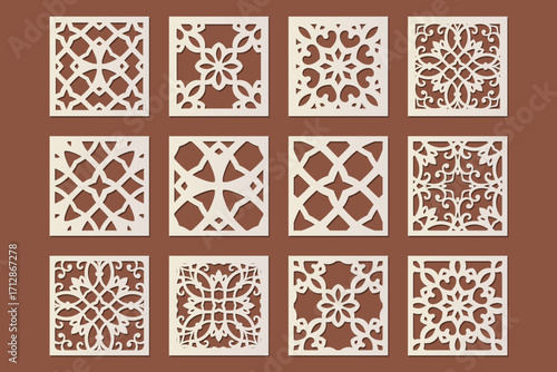 Laser cut decorative panel collection 1x1 large set featuring ornamental filigree for decorative panel usage, square coaster set.