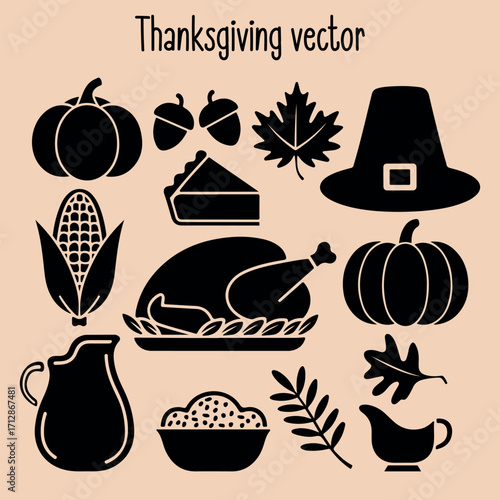 Thanksgiving and Autumn Holiday Food Icons Vector