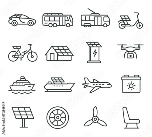 Eco-friendly transport and energy icons: bicycles, solar panels, electric vehicles, drones, renewable energy